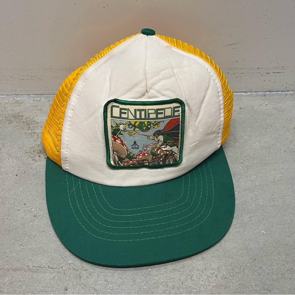Vintage 80s Centipede Atari trucker hat - white, yellow, and green